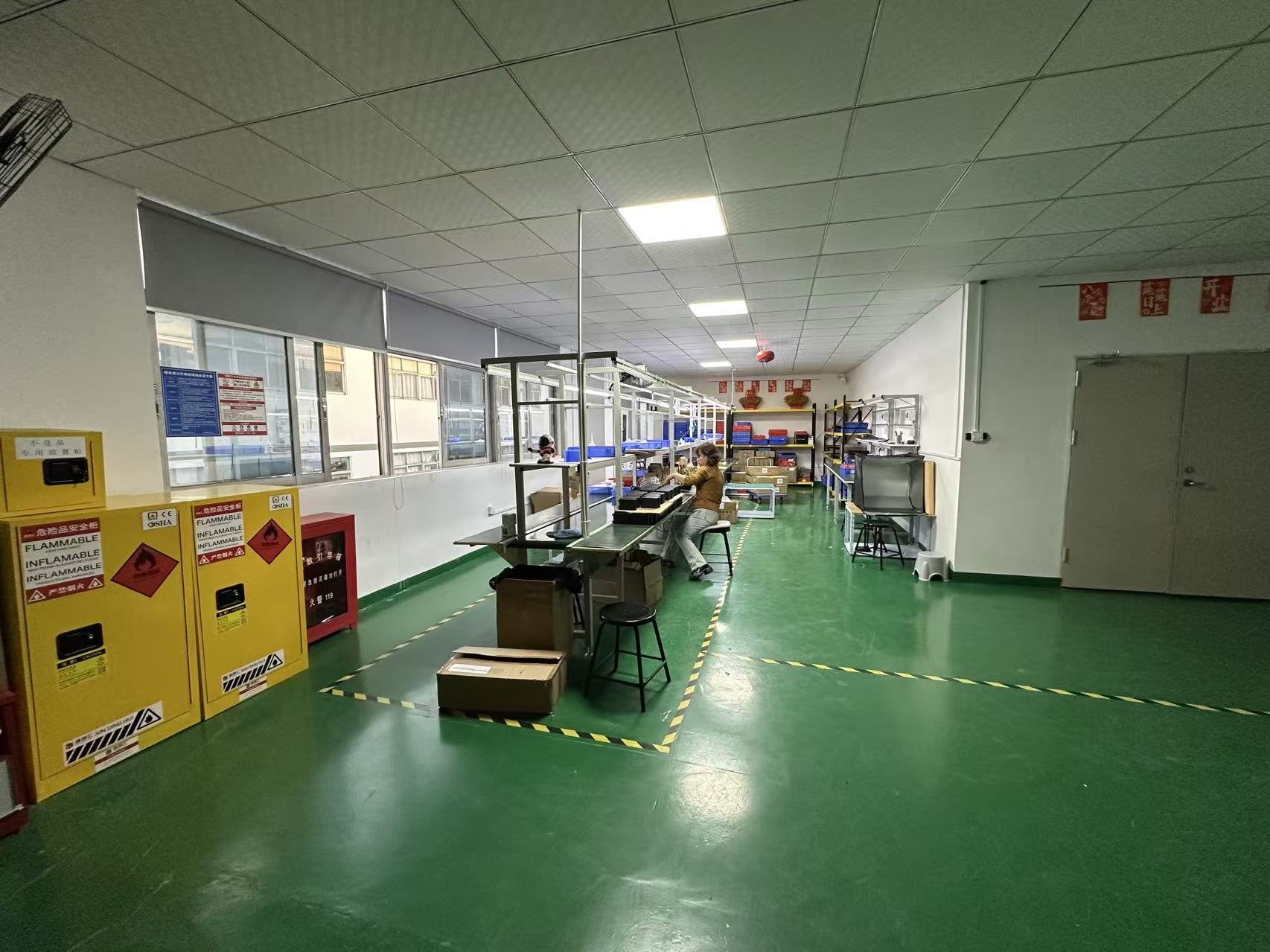 Factory assembly floor with organized production workstations